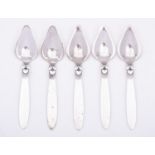 Five Danish silver Cactus pattern grapefruit spoons by Georg Jensen, import marked for London 1935,