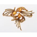 A 9ct yellow gold vintage brooch, set with three oval-cut citrines and a cultured pearl,
