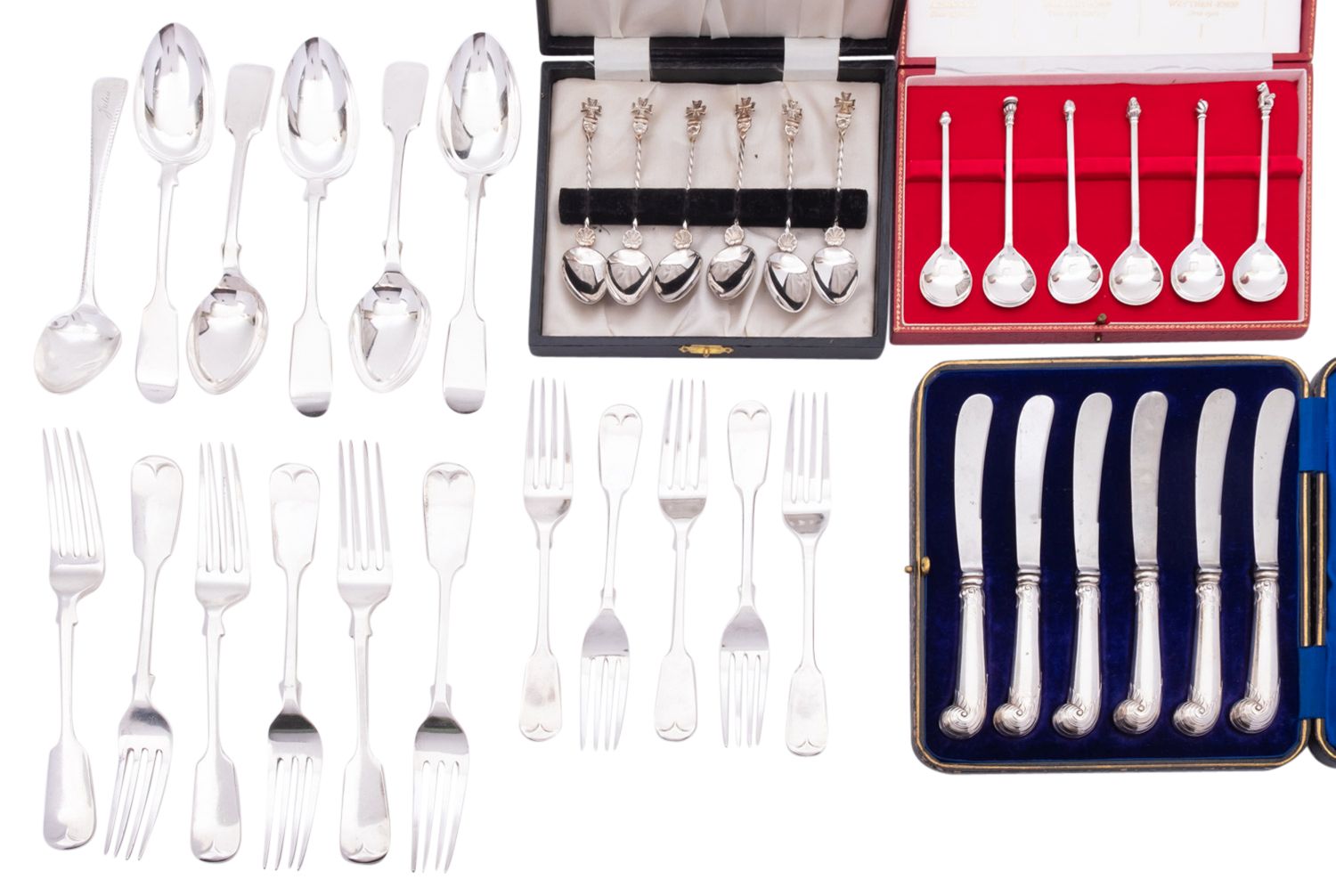 A part canteen of Elizabeth II silver Fiddle pattern flatware by James Dixon & Sons Ltd,