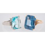 Two blue stone rings, a ring set with a rectangular step-cut synthetic blue spinel,