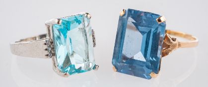 Two blue stone rings, a ring set with a rectangular step-cut synthetic blue spinel,