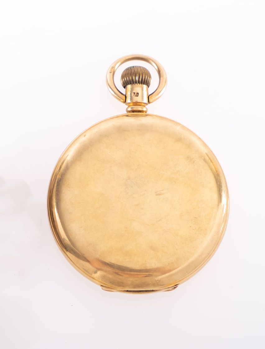 A 9ct gold fuill-hunter pocket watch the dial with black Roman numerals,