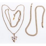 A group of jewellery, to include a 9ct yellow gold curb chain, UK import mark, length 46.0cm, 10.