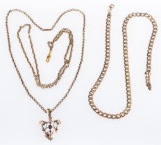 A group of jewellery, to include a 9ct yellow gold curb chain, UK import mark, length 46.0cm, 10.