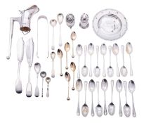 A small collection of silver items comprising: eighteen coffee spoons bright-cut Old English by