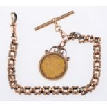 A Victorian sovereign and guard chain, a Victoria 1899 full sovereign in a gold mount,