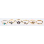 A group of six rings, including four gem-set rings, sapphire & diamond set,