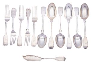 Five Scottish silver Fiddle pattern table forks various maker and dates,