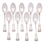 Nine Scottish silver single-struck King's pattern dessert spoons by WM over AM (unknown),