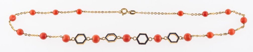 A coral and enamel necklace,