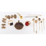 A mixed group of jewellery, to include six stick pins, some marked or hallmarked,