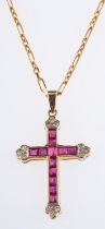 A cross designed pendant, set with square-cut rubies and brilliant-cut diamonds, marked 375,