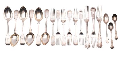 A mixed group of silver flatware mostly 19th century including: four Fiddle pattern dessert spoons