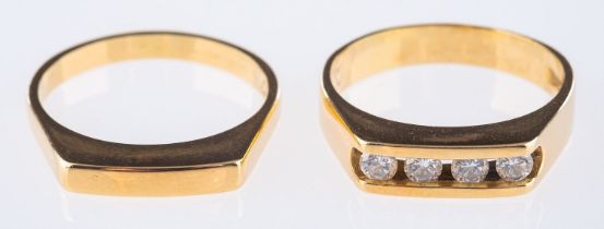An 18ct yellow gold diamond ring and matching band, both of a stylized square design,