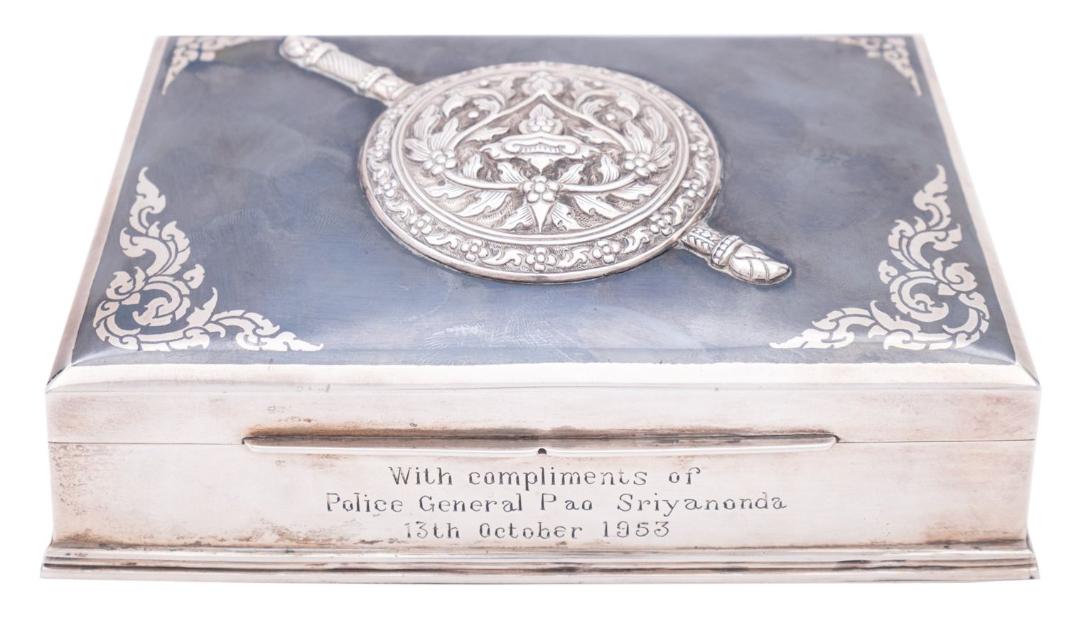 A mid 20th century Thai silver cigarette box makers mark rubbed,