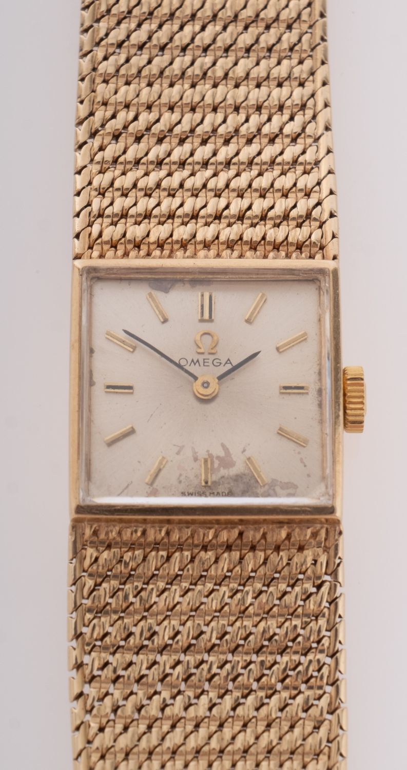 Omega a lady's 9ct gold wristwatch the square dial with baton numerals and hands, - Image 2 of 2