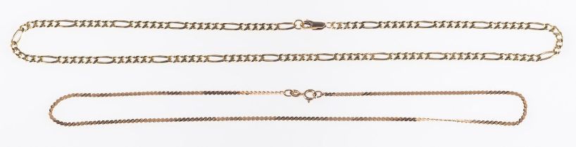 Two gold chains, a 9ct yellow gold fancy flat link chain, partial UK import mark & marked 375,