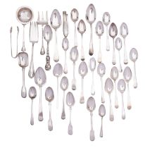 A mixed group of silver flatware comprising: thirteen Old English pattern silver teaspoons,