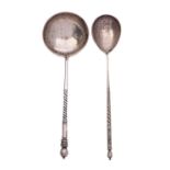 Two Russian silver and niello spoons, the circular bowl example maker's mark SMSh (cyrillic,