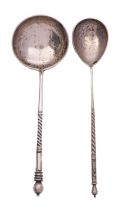 Two Russian silver and niello spoons, the circular bowl example maker's mark SMSh (cyrillic,