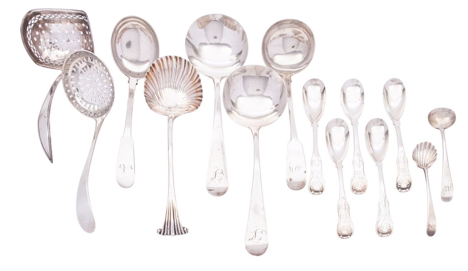 A collection of silver ladles and spoons comprising of: a mid Georgian Onslow pattern sauce ladle,