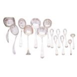 A collection of silver ladles and spoons comprising of: a mid Georgian Onslow pattern sauce ladle,