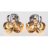 A pair of 18ct three colour gold earrings, of openwork knot design, with post & clip fitting,