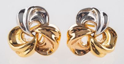 A pair of 18ct three colour gold earrings, of openwork knot design, with post & clip fitting,