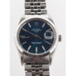 Rolex Oyster a mid-1980s gentleman's stainless-steel wristwatch the blue dial with baton numerals,