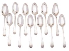 A set of twelve Georgian silver Old English pattern table spoons, maker W T, London 1768/69,