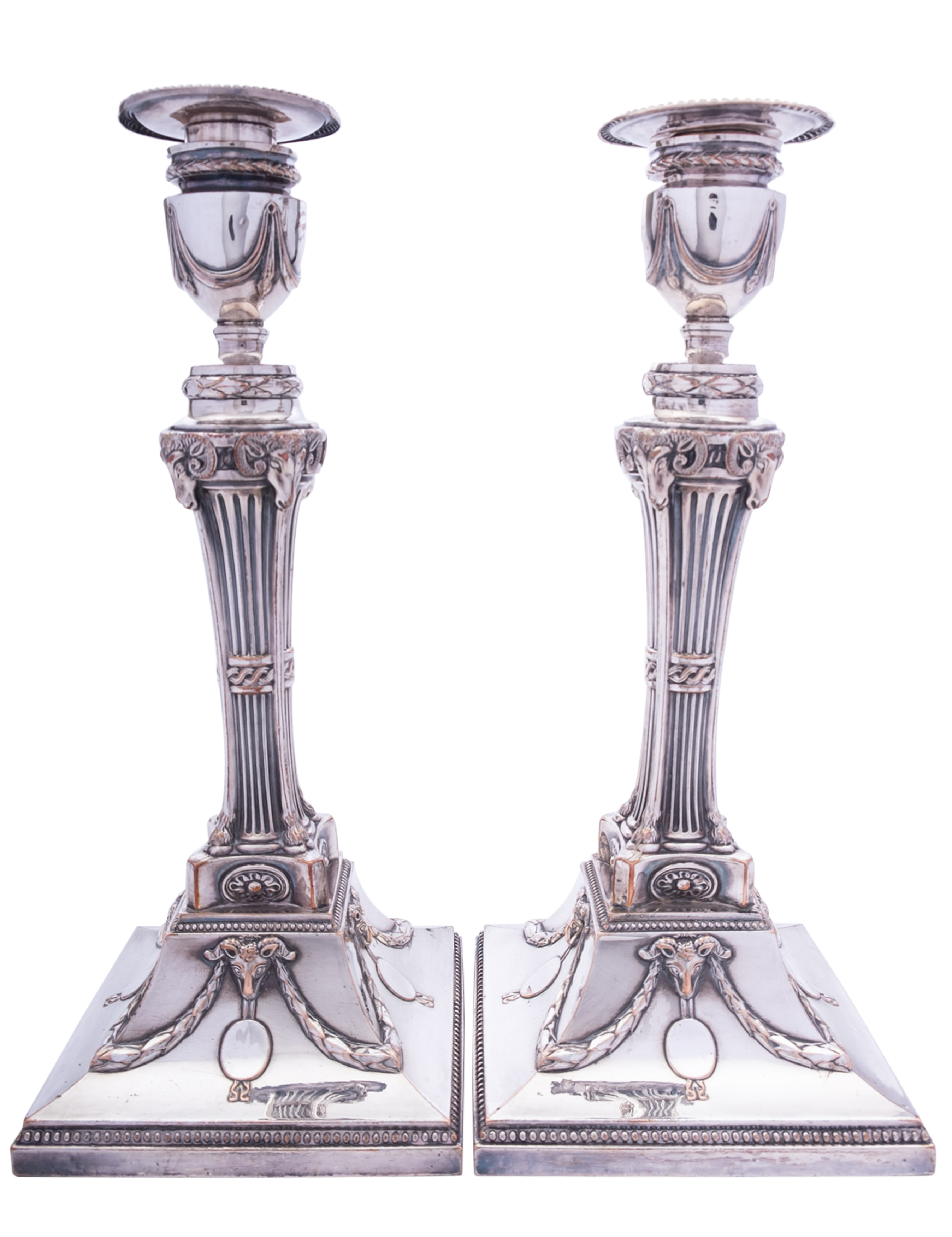 A pair of Sheffield Plated candlesticks of Robert Adam design, with ram's head motifs, 29. - Image 3 of 3