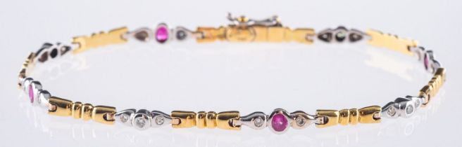 A bi-colour articulated line bracelet set with four oval-cut rubies interspaced by brilliant-cut