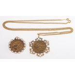 A sovereign pendant and a coin pendant, a George V 1915 full sovereign in an openwork pendant mount,