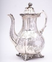 A Victorian silver coffee pot by James Aldridge, London 1853, of fluted baluster form,
