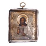 A Russian miniature icon of Christ Pantocrator in a silver oklad, maker's mark ID (Cyrillic,