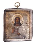 A Russian miniature icon of Christ Pantocrator in a silver oklad, maker's mark ID (Cyrillic,