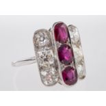 An Art Deco Ruby & Diamond Ring, a geometric designed three row ring,