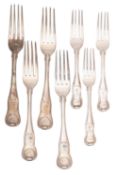 A set of four Georgian silver shell pattern table forks and three desert forks by Solomon Hougham,