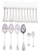 A part matched of silver flatware comprising: three Victorian Old English pattern table spoons by