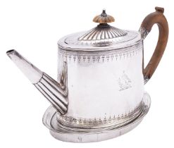A George III silver tea pot and stand by Michael Plummer, London 1792, of oval straight sided form,