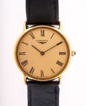 Longines a gentleman's 9ct gold wristwatch the cream dial with Longines logo and black Roman