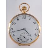 A 9ct gold open-faced pocket watch the round white enamel dial having black Arabic numerals,