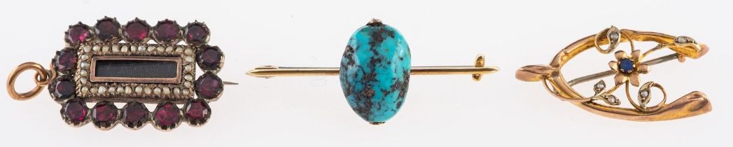 A group of three brooches, including a bar brooch set with turquoise, marked 15ct, 4.