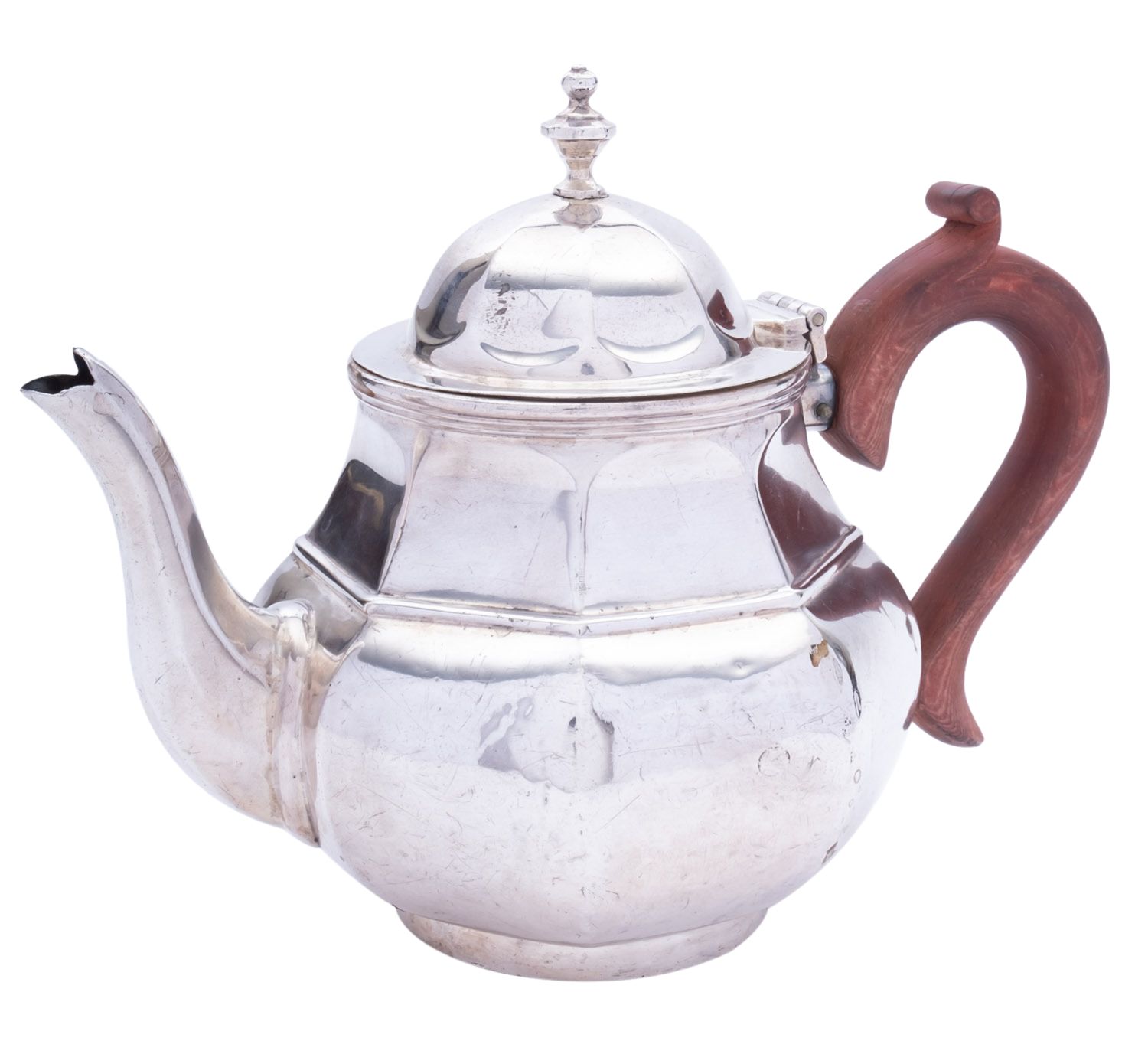 A George V silver tea pot, marks rubbed, Birmingham 1919, of octagonal form,