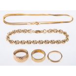 A mixed group of jewellery, including a flat link chain, marked 14k, length 44.5cm, 3.
