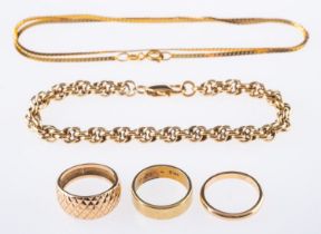 A mixed group of jewellery, including a flat link chain, marked 14k, length 44.5cm, 3.