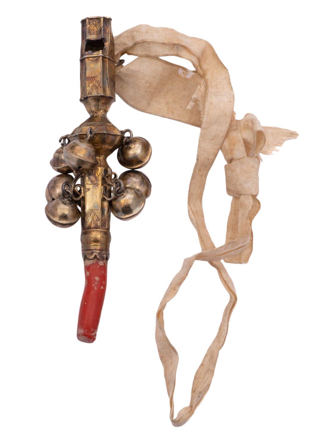 An early 18th century child's silver-gilt teether, rattle and whistle,