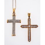 Two 9ct yellow gold cross designed pendants,