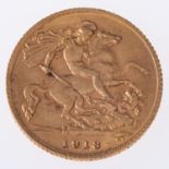 A half sovereign, an unmounted George V 1913 half sovereign, 3.9grams.