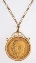 A full sovereign in pendant mount and chain,